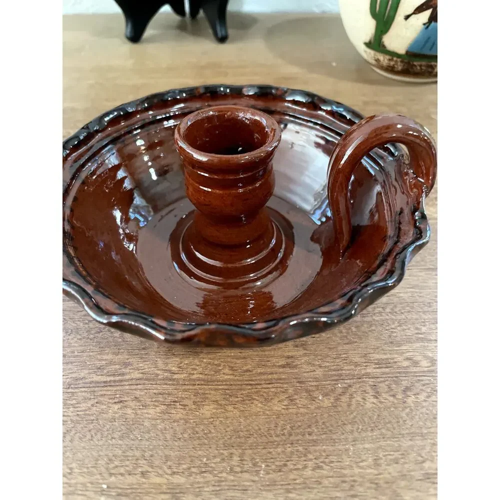 Vintage 1981 Signed Artisan Studio Pottery Chamberstick Candle Holder Brown